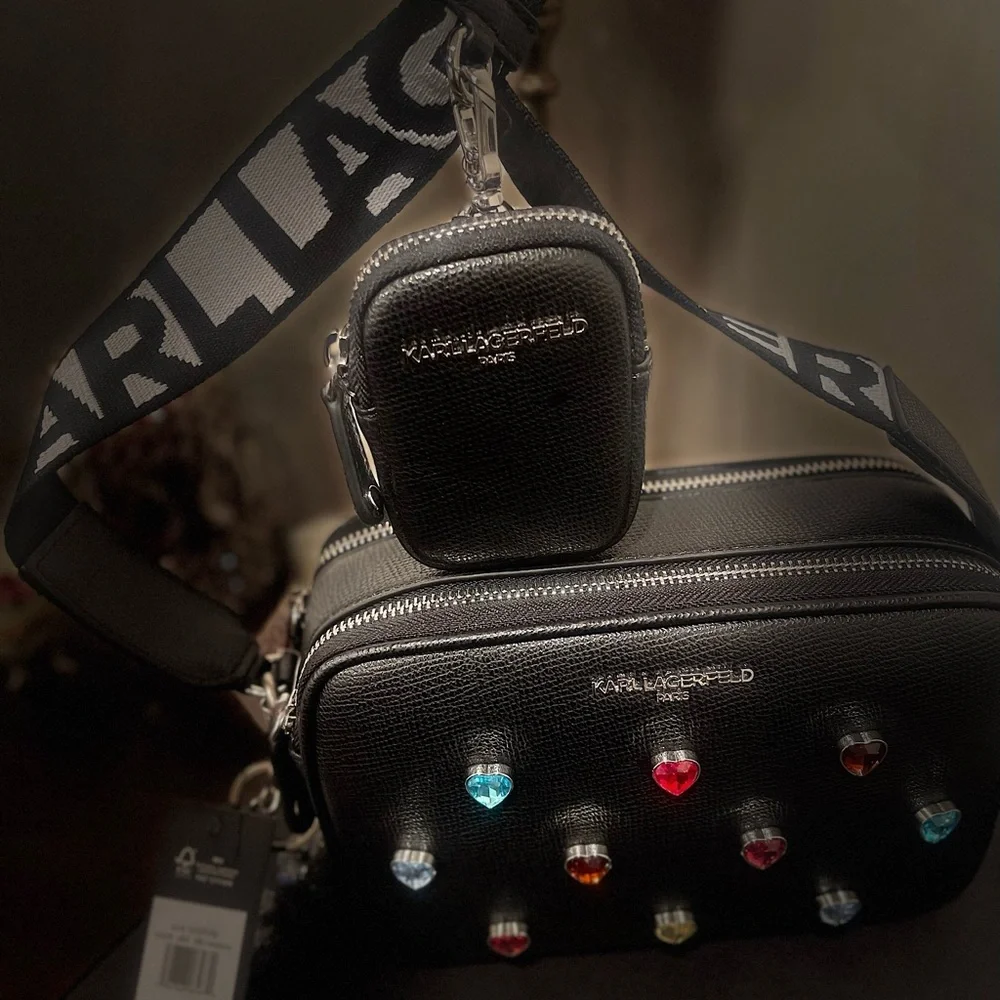 Karl Lagerfeld Black and White Camera Style Crossbody Bag with Heart Accents - Picture 3 of 11